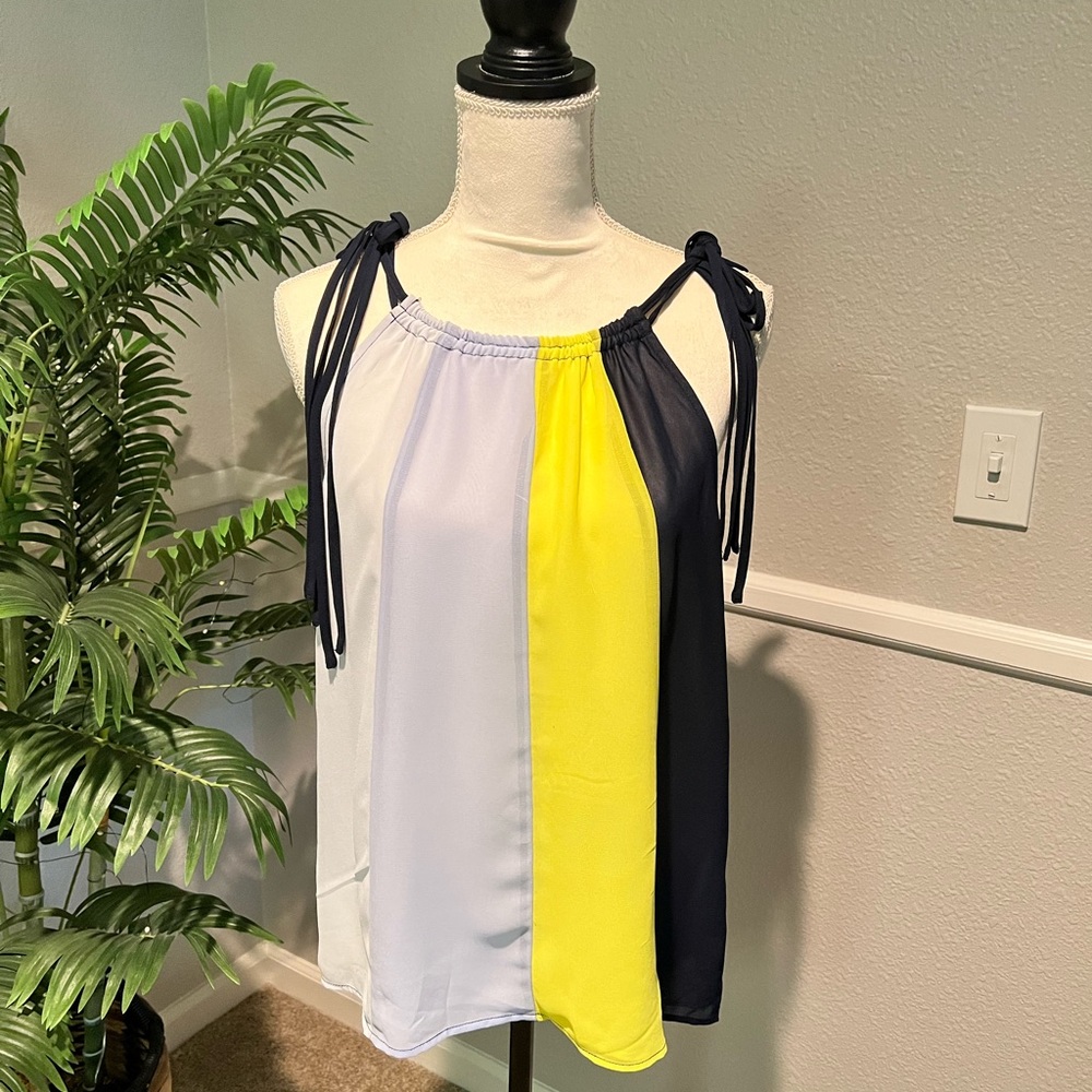 New York & Company Colorblock Tie-Shoulder Tank Top in White, Yellow & Navy